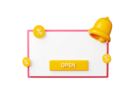 Discount reminder 3d render template - banner with empty space for text, percent sign bell alert and push button. png
