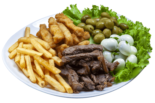 Snacks with fries, meat Picanha, quail egg, olives and breaded fish png