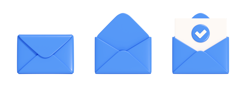 Letter 3d render set - blue envelope collection closed and open with paper. Sending newsletter or subscription concept. Icons for sending message by mail. png