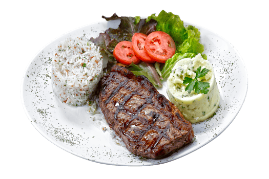 Beef steak with potatoes and rice in isolated white background png