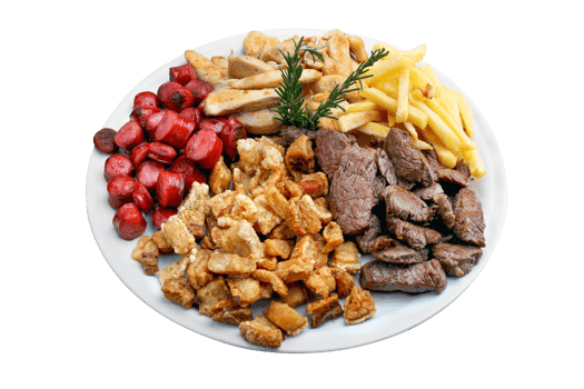 Plate of snacks, meat, potatoes, sausage, cracklings png