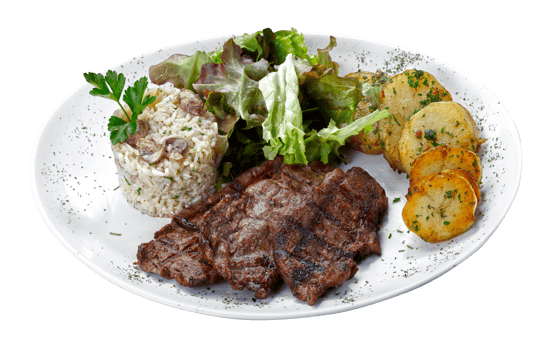 Beef steak with potatoes and rice in isolated white background png