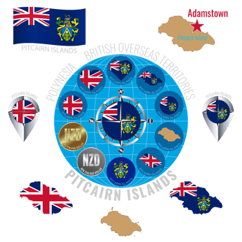 Set of illustrations of flag, outline map, money, icons of Pitcairn Islands. Travel concept. png