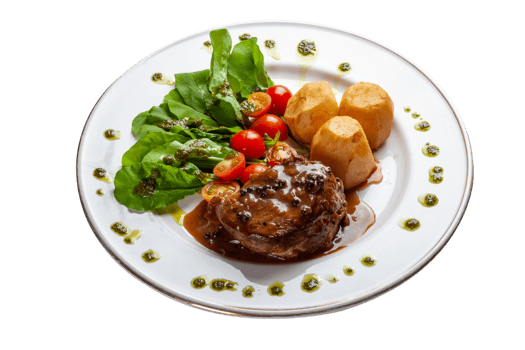 Filet mignon with sauce, salad and potato png