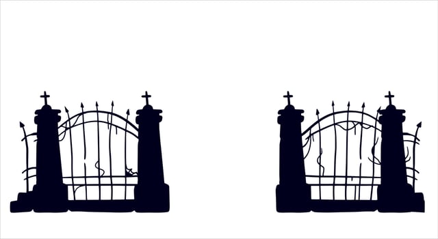 Old fence of cemetery. Halloween decoration. Black silhouette of gloomy wall. Flat illustration isolated on white vector
