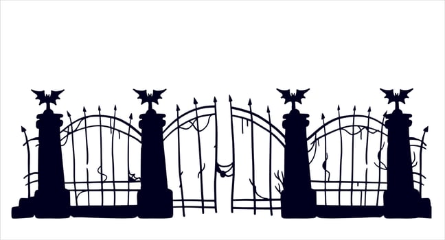 Old fence of cemetery. Halloween decoration. Black silhouette of gloomy wall. Flat illustration isolated on white vector
