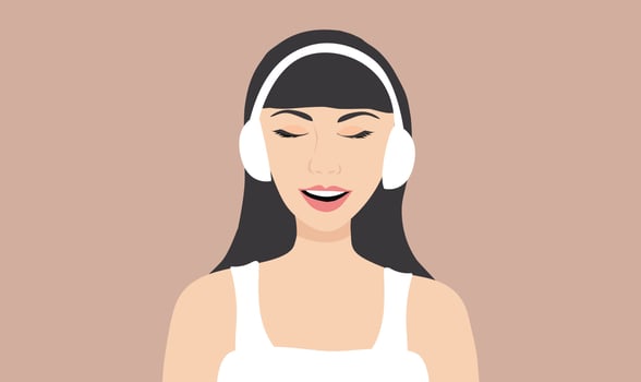 Woman with headphones listening to music. Happiness, relaxation, good mood, rest concept vector illustration