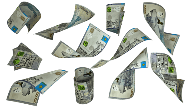 3D rendering of 20000 Kazakhstani Tenge notes flying in different angles and orientations png
