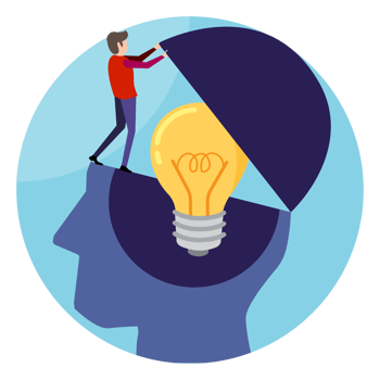 Man help open the brain with a light bulb on blue background. Creativity and innovation symbol. Ideas for business success. illustration in flat design. png