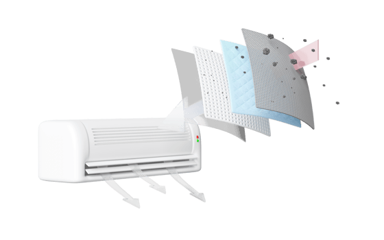 3d air conditioner with air filter layer and ventilate shows, dust filter layer for face mask, air purifier, prevents vapors, odors from chemicals, virus, 3d render illustration png