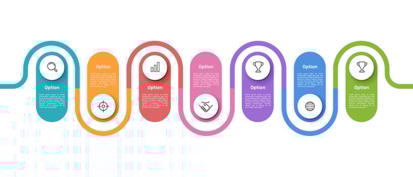 Business infographics with 7 options colorful on timeline diagrams on white background. vector