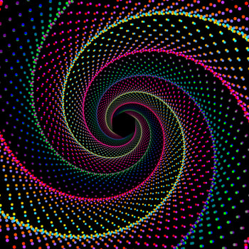 Red, pink, blue, green, yellow, and violet dotted spiral vortex hexagon background. 3d warp effect colorful swirl pattern dot wave vector poster.