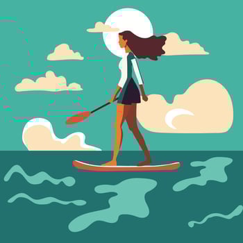 Young  woman standing on sup board isolated. Flat vector