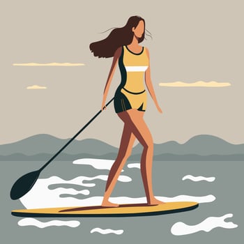 Young  woman standing on sup board isolated. Flat vector