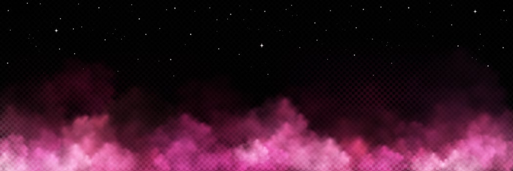 Pink smoke on dark background, stars in night sky vector