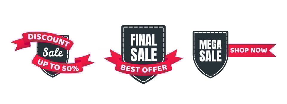 3 shield tag ribbon badge sale label concept template vector illustration isolated on white background. Sale, final sale, mega sale web banners elements for website and advertising.