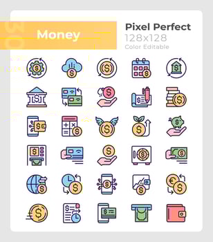 Money pixel perfect RGB color icons set. Personal, business finances. Isolated vector illustrations. Simple filled line drawings collection. Editable stroke