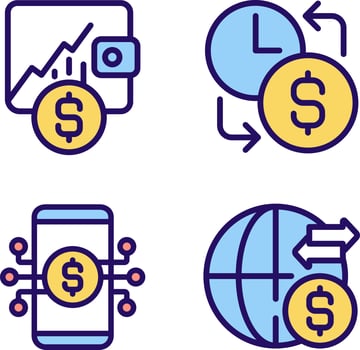 Daily cash flow pixel perfect RGB color icons set. Hourly earnings. Stock trading. International money transfer. Isolated vector illustrations. Simple filled line drawings collection. Editable stroke