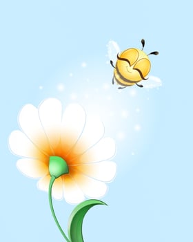 Cute funny cartoon fluffy bee flies under smelling chamomile flower. vector