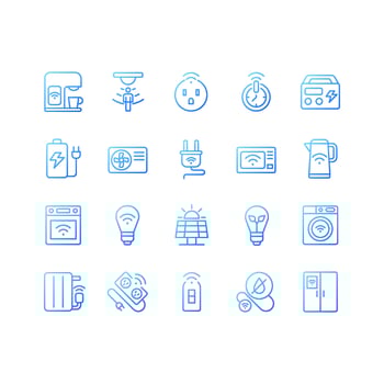 Energy saver pixel perfect gradient linear vector icons set. Smart home appliances. Internet of things. Thin line contour symbol designs bundle. Isolated outline illustrations collection