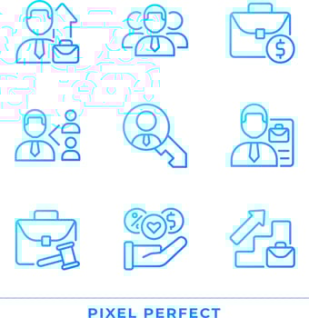 Job related pixel perfect gradient linear vector icons set. Hiring process. Company employee. Career development. Thin line contour symbol designs bundle. Isolated outline illustrations collection