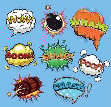 Comic speech bubbles. Rocket. Alarm clock. Sound effects. Vector illustration