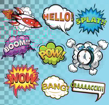 Comic speech bubbles. Rocket. Alarm clock. Sound effects. Vector illustration