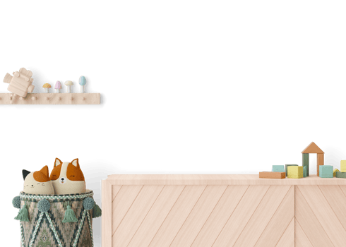 Wallpaper presentation mock up. Kids room furniture and accessories on transparent background. Copy space for wallpaper design, wall panels, photo wallpaper, print or paint. Children room mockup. 3D png