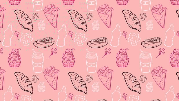 Background Junk Food Related Seamless Pattern and Background . Editable Stroke Fast Food Line Art of hamburger, pizza, hot dog, beverage, cheeseburger. Restaurant menu background vector