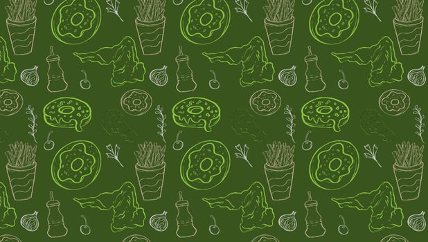 Background Junk Food Related Seamless Pattern and Background . Editable Stroke Fast Food Line Art of hamburger, pizza, hot dog, beverage, cheeseburger. Restaurant menu background vector