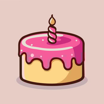 Birthday cake with pink cream and one candle. vector
