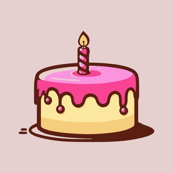 Birthday cake with pink cream and one candle. vector
