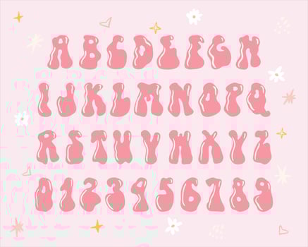 Funky rave groovy font from the 60s in psychedelic style. Vector modern cartoon alphabet and numbers