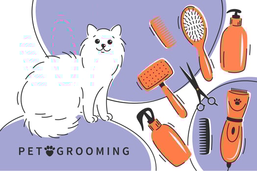 Pet grooming. Cartoon cute cat with different tools for animal hair grooming, haircuts, bathing, hygiene. Pet care salon concept. Vector illustration