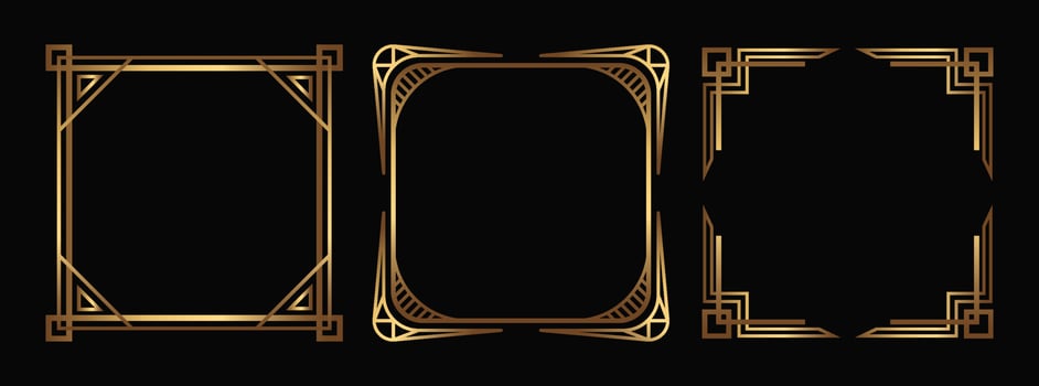 Art Deco vector square Social Media templates. Isolated linear fancy gold frames on black