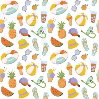 Summer kids pool party elements in pastel colors seamless pattern. Great for wallpaper, print. Isolated on white background. vector