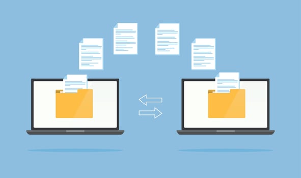 Laptops with folders on screen and transferred documents. File transfer concept, backup data. vector