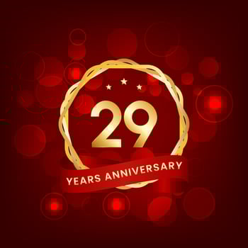 29 years anniversary. Anniversary template design with gold number and red ribbon, design for event, invitation card, greeting card, banner, poster, flyer, book cover and print. Vector Eps10