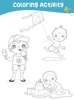 Colouring page with summer theme. Kids with summer activities. Coloring sheet for children. Vector file.