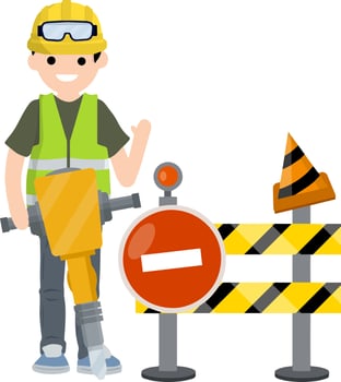 Road works. No-entry sign. barrier and fence. restricted area. Cartoon flat illustration. Two man construction workers in uniform. Closed road vector