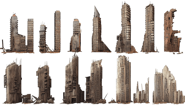Ruined skyscrapers on isolated transparent background png