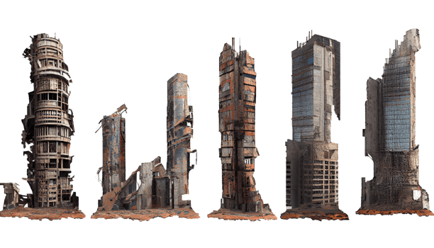 Ruined skyscrapers on isolated transparent background png