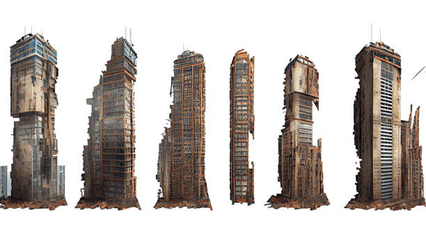 Ruined skyscrapers on isolated transparent background png