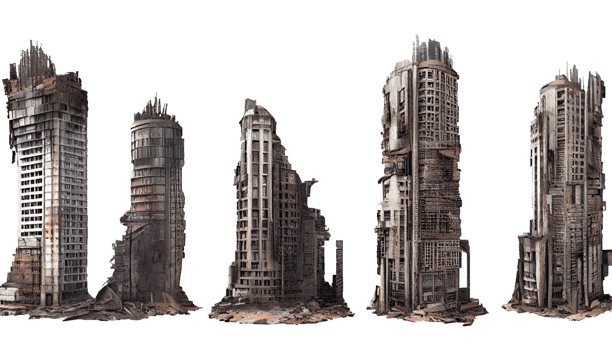 Ruined skyscrapers on isolated transparent background png