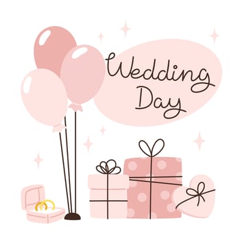Pink box with couple rings, gifts and ballon for wedding day vector