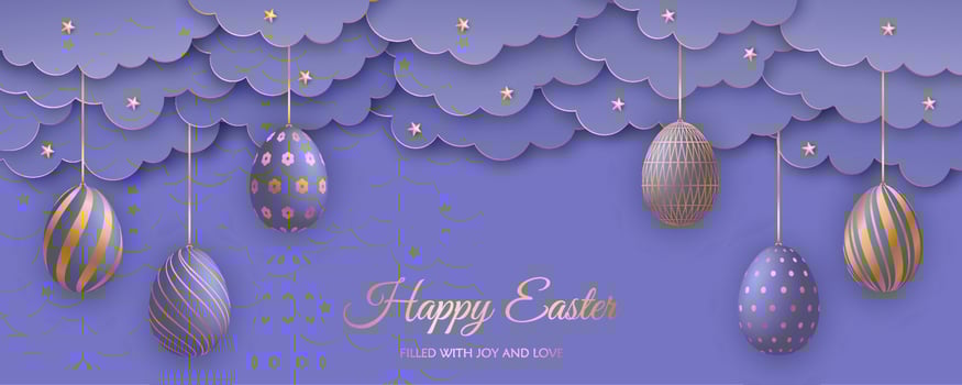 Happy Easter greeting card. Paper clouds, realistic Easter eggs on strings and stars in trendy colors Very Peri. vector