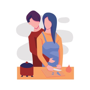 happy couple cooking together flowers flat illustration vector