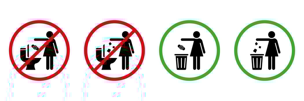 Please No Flush Litter in Toilet Sign Set. Allowed Throw Napkin, Paper, Pads, Towel in Waste Basket Silhouette Icon. Please Throw Litter in Bin, No in Toilet Pictogram. Isolated Vector Illustration.