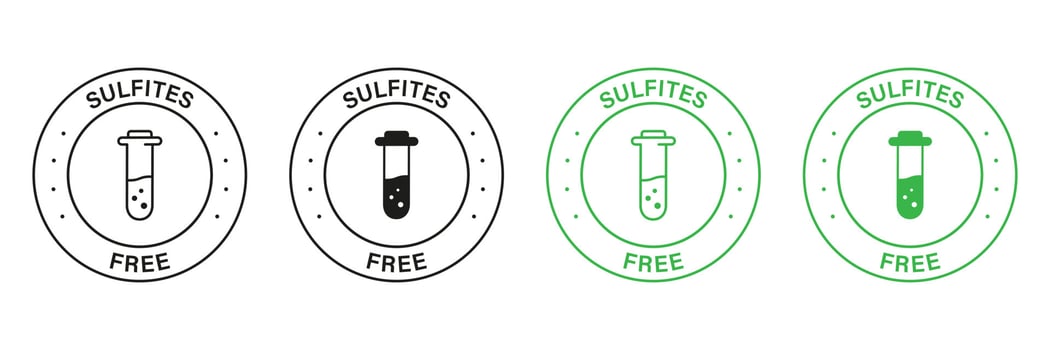 Sulfites Free Green and Black Stamp Set. No Sulphites Label. Product without Sulfate Symbol. Natural Ingredients Sign. Glass Flask, Test Tube, No Chemical in Food Logo. Isolated Vector Illustration.