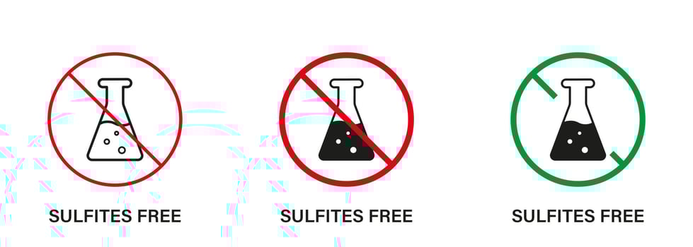 Product with No Sulfates Silhouette and Line Icon Set. Sulfites Free Stop Sign. No Sulphites Label. Natural Ingredients, Ban Sulfite Logo on White Background. Isolated Vector Illustration.